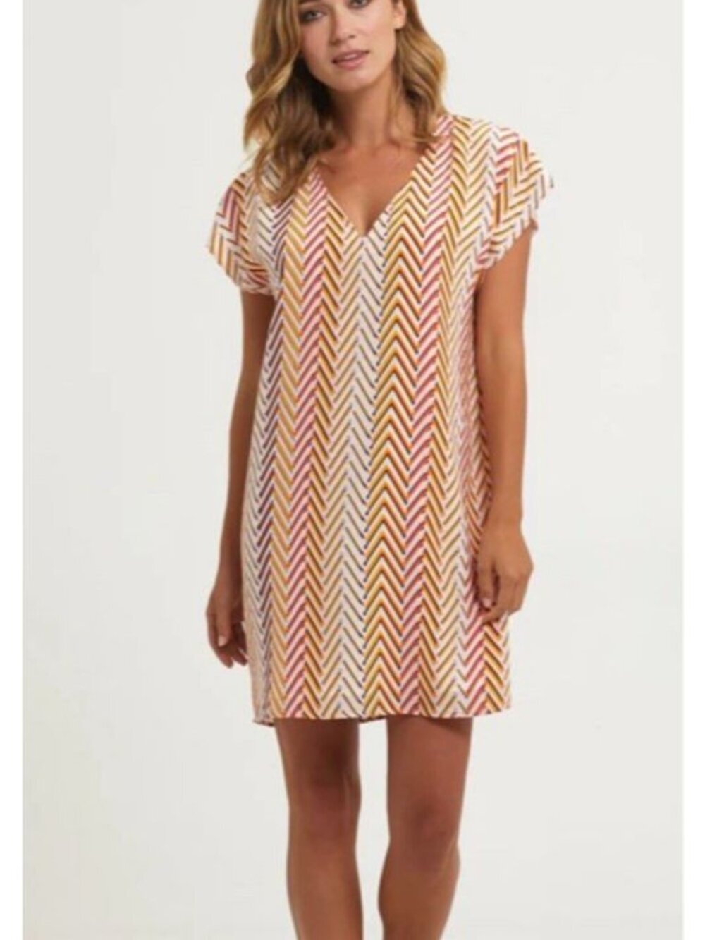 Marie Oliver Andi 100% Silk Mini Dress Sz M Chevron Shift Caftan Tunic Orange